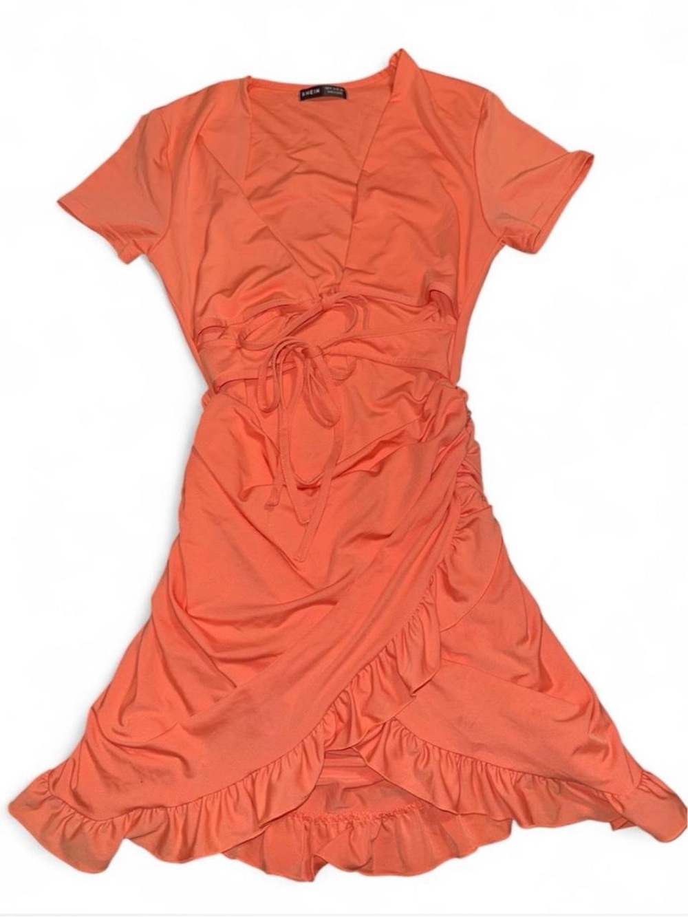 Coral Wrap Midi Dress with Ruffle Trim